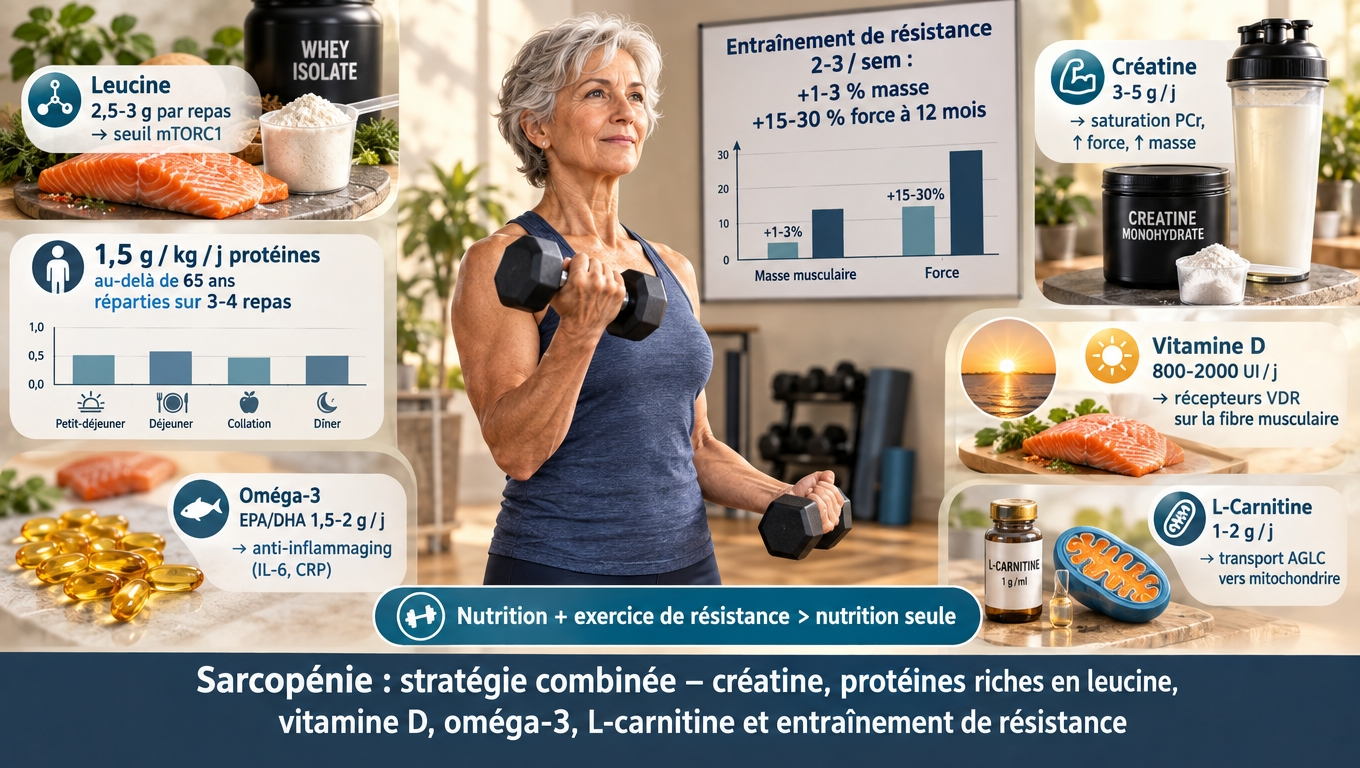 Combinaison gagnante : 1,5 g/kg/j de protéines réparties, créatine 3‑5 g/j, vitamine D, oméga‑3, L‑carnitine, et 2‑3 séances/sem d'exercice en charge – la stratégie la mieux soutenue par la science.
