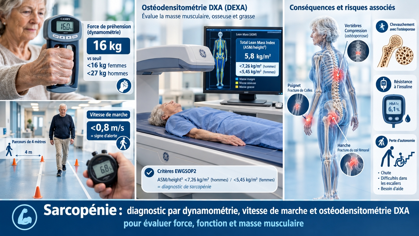 Pic de masse musculaire vers 30 ans, déclin de 1 à 2 %/an après 60, résistance anabolique, inflammaging, chute hormonale : les cinq forces qui vident nos muscles.