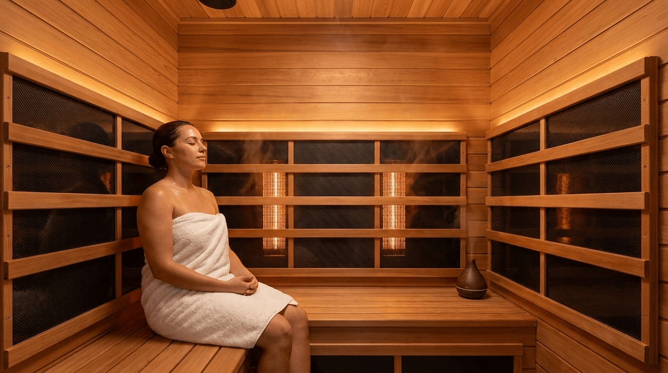 Vue intérieure haut de gamme d'un sauna infrarouge contemporain, illustrant la chaleur douce et profonde, le confort d'usage et les matériaux naturels typiques de cette technologie.