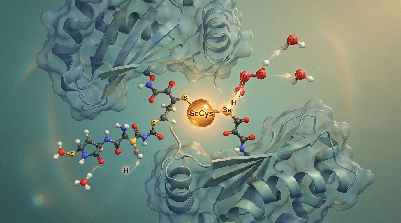 Schéma moléculaire de précision illustrant le rôle indispensable du sélénium pour l'activité catalytique de la glutathion peroxydase, sans lequel l'enzyme ne pourrait réduire les peroxydes nocifs.
