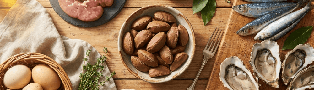 Photographie culinaire hyperréaliste des sources alimentaires naturelles riches en sélénium : noix du Brésil (la source la plus riche), sardines, huîtres, rognons de veau, œufs de poules de plein air et champignons shiitake.