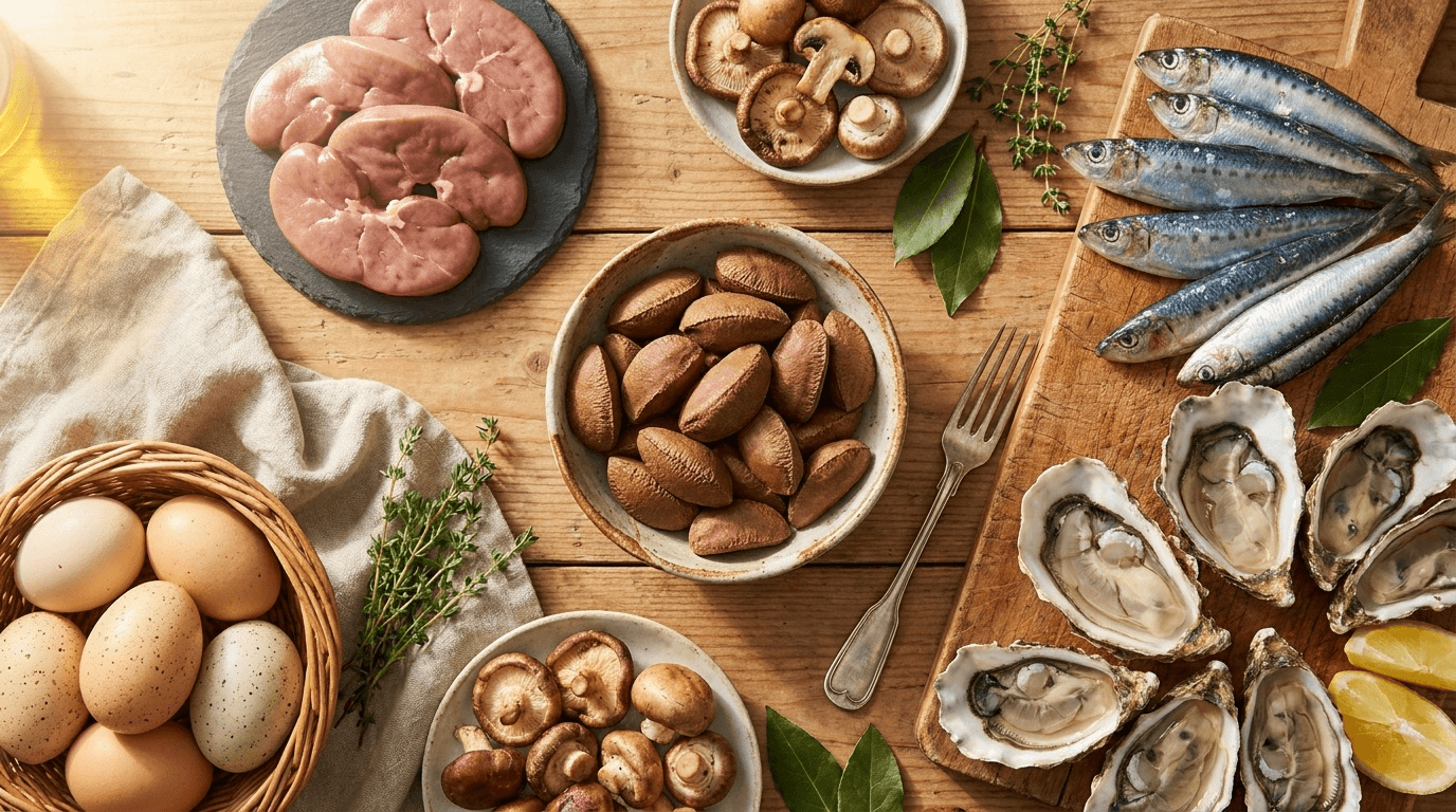 Composition culinaire éditoriale des meilleures sources naturelles de sélénium biodisponible, valorisant la noix du Brésil comme source reine et la diversité des sources animales.