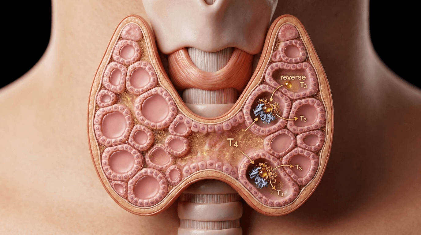 Coupe anatomique de la thyroïde mettant en évidence le rôle des désiodases sélénium-dépendantes (type I, II, III) dans la conversion de la thyroxine T4 en triiodothyronine active T3.