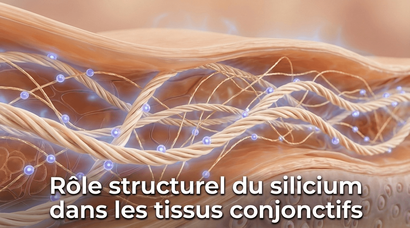 Coupe anatomique haute définition illustrant l'intégration du silicium dans les fibres de collagène, les réseaux d'élastine et la matrice du cartilage, véritable signature structurelle du minéral dans l'organisme.