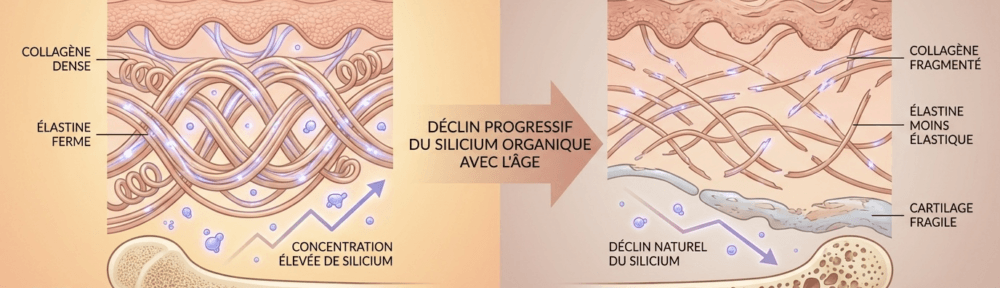Infographie comparative côte à côte illustrant la diminution progressive des réserves de silicium dans les tissus avec l'âge, opposant une peau jeune au collagène dense et une peau mature aux fibres plus clairsemées.