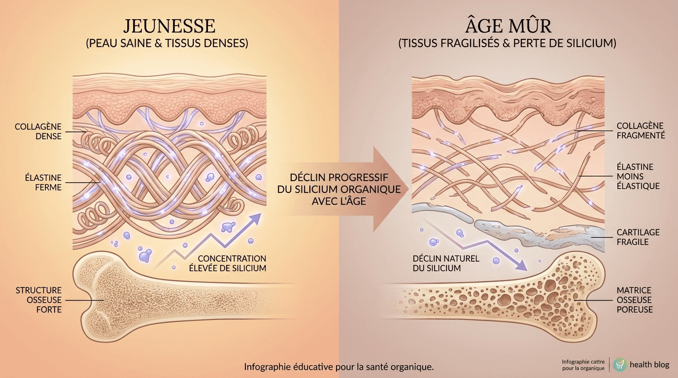 Comparaison visuelle éducative illustrant le déclin naturel du silicium tissulaire au cours du vieillissement, l'un des mécanismes proposés pour expliquer le relâchement cutané et la fragilisation articulaire.