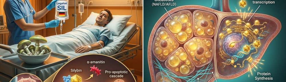 Infographie split‑screen éditoriale sur fond chaud ambre‑turquoise. Moitié gauche : scène d'urgence hospitalière avec perfusion IV de silybine (Legalon SIL®, le standard allemand) administrée à un patient ayant ingéré des amanites phalloïdes (Amanita phalloides) mortelles ; à l'intérieur de l'hépatocyte, la molécule d'α‑amanitine qui bloquait l'ARN polymérase II est déplacée par la silybine, et les mitochondries sont protégées de la cascade pro‑apoptotique. Moitié droite : pathogenèse chronique avec coupes hépatiques illustrant (a) la stéatose hépatique non alcoolique (NAFLD) — hépatocytes chargés de grandes gouttelettes lipidiques dorées ; (b) progression avec fibrose stellaire ; (c) régénération hépatique active grâce à la stimulation de la synthèse protéique (ribosomes activés) et de la transcription d'ARNr ; la silybine agit en synergie avec la choline (vue triméthylammonium symbolique), rappelant l'article connexe du blog. Palette éditoriale médicale, rendu photoréaliste 16:9.