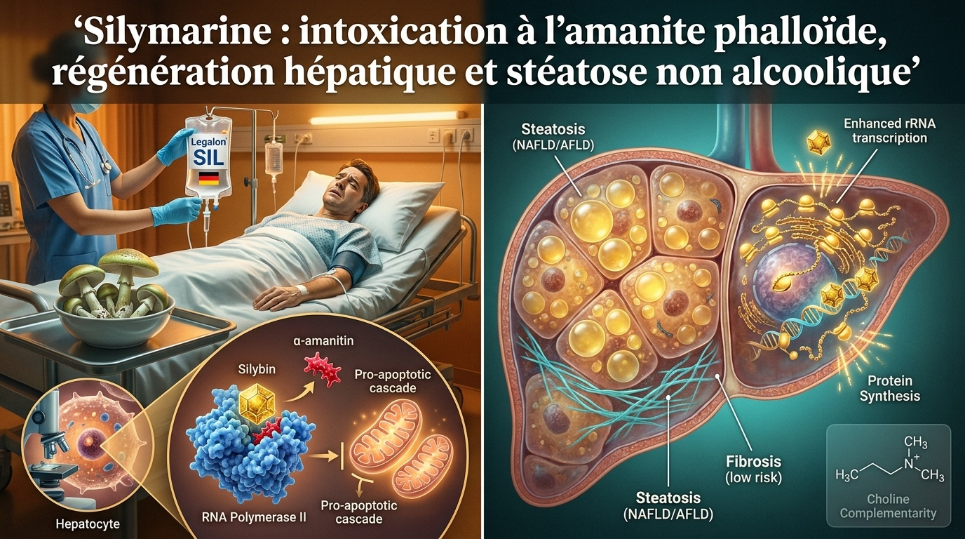Trois registres d'action de la silymarine : intoxication sévère (α‑amanitine), régénération protéique et stéatose non alcoolique.
