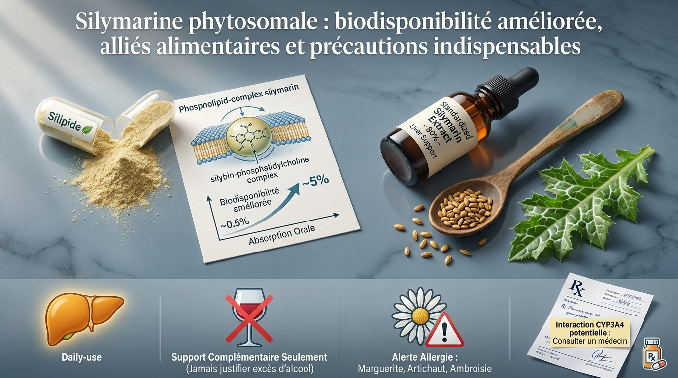 Vue pratique : phytosomes, biodisponibilité réelle, sources alimentaires associées et profil de sécurité.