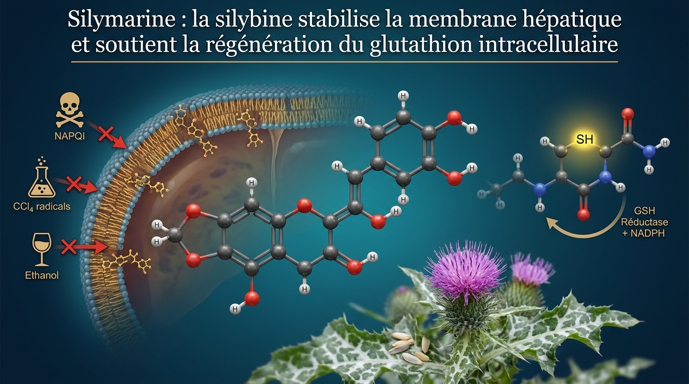 Mécanisme hépatoprotecteur de la silymarine : stabilisation membranaire + régénération du glutathion.