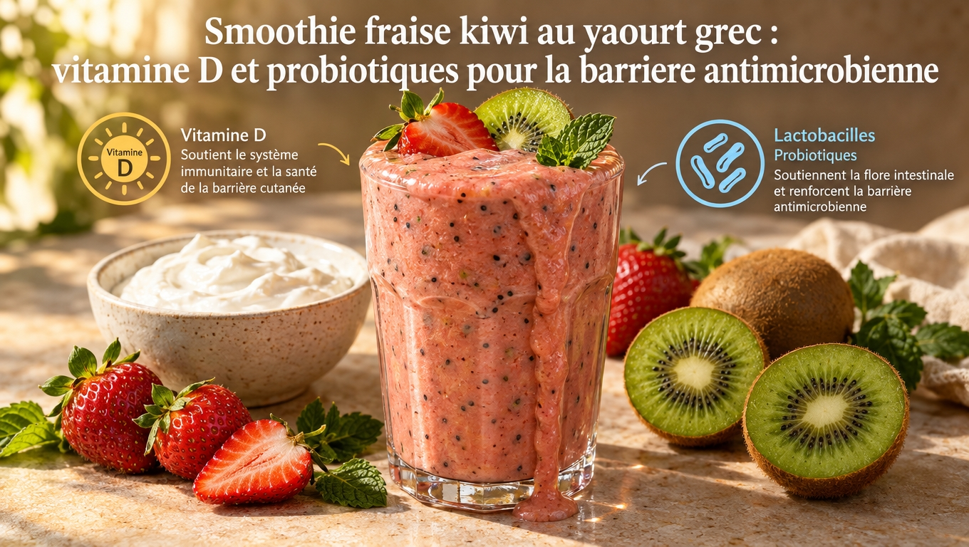 Smoothie fraise‑kiwi – allie vitamine C massive (180 % AJR par kiwi), vitamine D laitière et probiotiques pour la barrière antimicrobienne intestinale.
