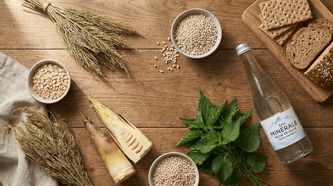 Photographie lifestyle santé illustrant les principales sources alimentaires et végétales de silicium biodisponible, alliant élégance botanique et conseils nutritionnels pratiques.