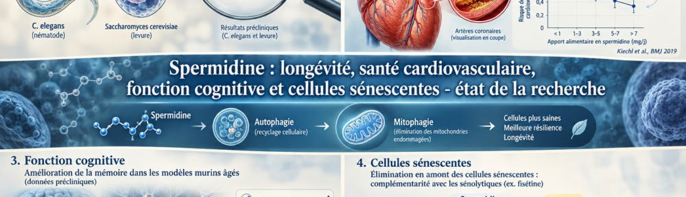 infographie longévité éditoriale sur fond crème et bleu-acier ; composition en quatre panneaux — haut-gauche : ver nématode C. elegans et cellule de levure avec loupe suggérant l'extension de durée de vie en modèles précliniques (Eisenberg 2009) ; haut-droite : cœur humain stylisé avec coupe d'artère coronaire et mini-graphique KPI associant apport alimentaire élevé en spermidine à une réduction de mortalité cardiovasculaire (référence discrète « Schenkel 2016, Bruneck cohort ») ; bas-gauche : hippocampe stylisé avec neurones illustrant l'effet préclinique sur la mémoire de souris âgées (Bhukel 2018) ; bas-droite : icône de cellules sénescentes accumulées mais évitées en amont par la spermidine, complémentarité avec la fisétine senolytique ; bandeau central horizontal reliant les quatre panneaux via le mécanisme unificateur autophagie / mitophagie.