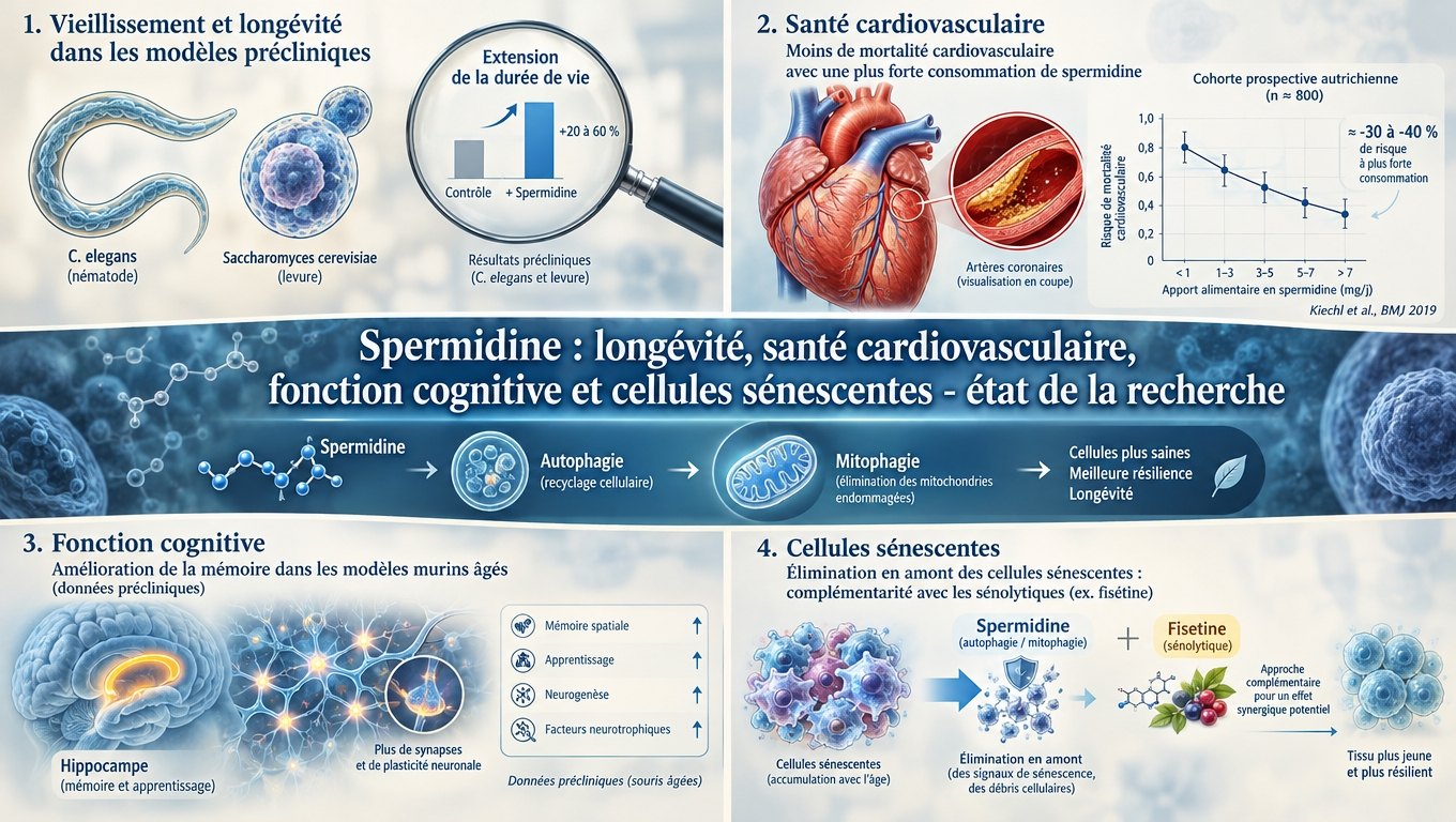 longévité préclinique, cœur, cerveau, sénescence — quatre axes de recherche où la spermidine soutient l'autophagie cellulaire.