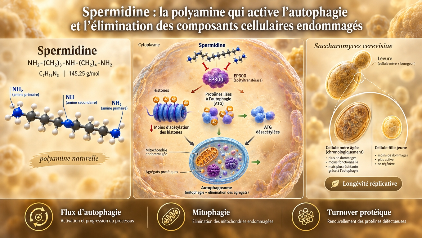 modèle moléculaire, cellule avec autophagosome et mitochondrie éliminée — la spermidine active directement le nettoyage cellulaire.