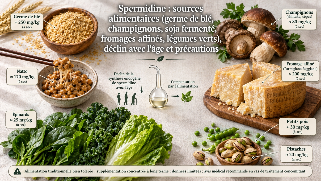 germe de blé, champignons, natto, fromage affiné et légumes verts — la spermidine se cache dans l'alimentation traditionnelle, à mesure que la production endogène décline avec l'âge.