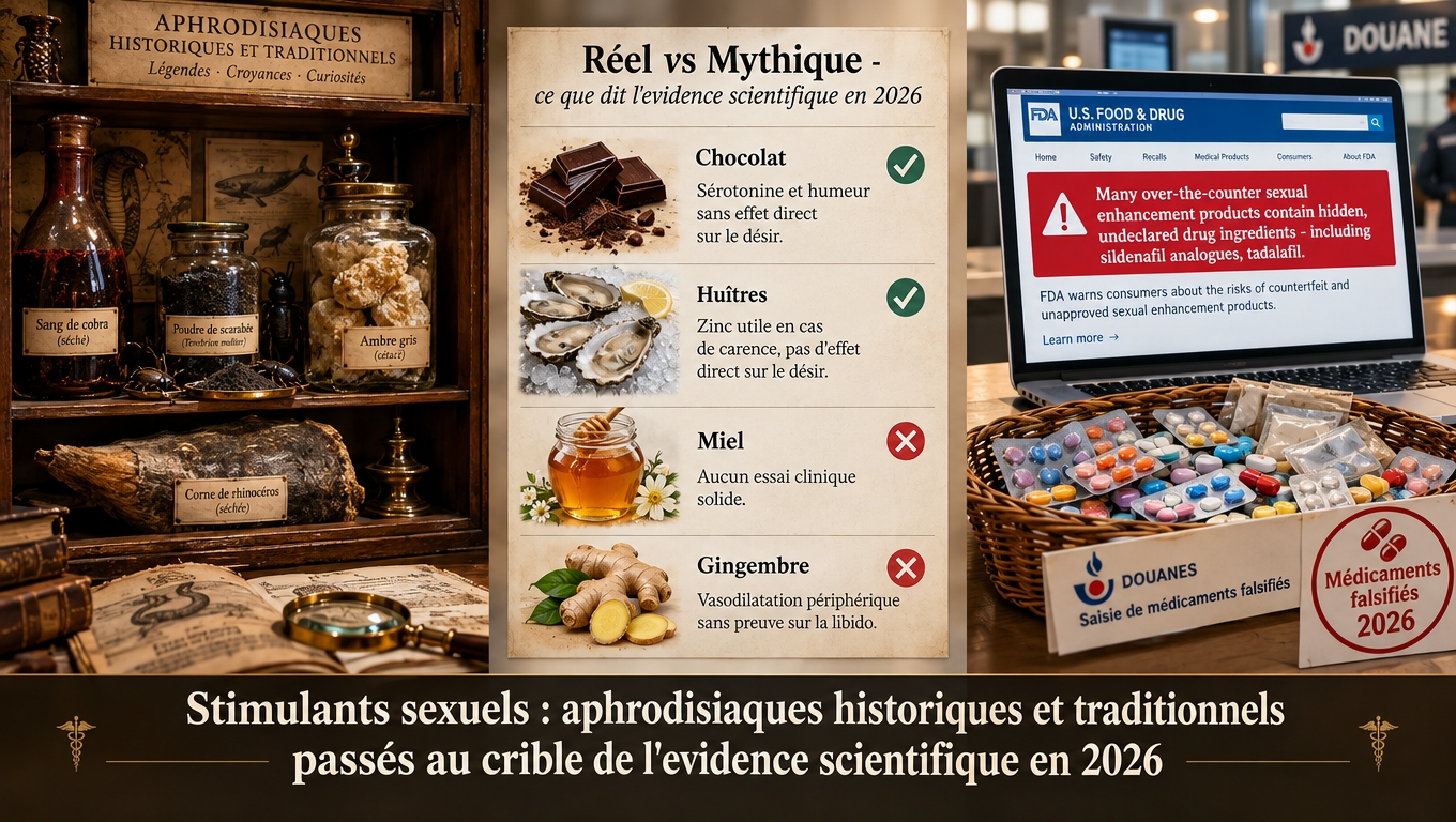 Cabinet de curiosités aphrodisiaques vs réalité clinique : chocolat = humeur, huîtres = zinc en cas de carence, miel et gingembre = aucune preuve solide ; la FDA rappelle que certains produits masquent des principes actifs pharmaceutiques.