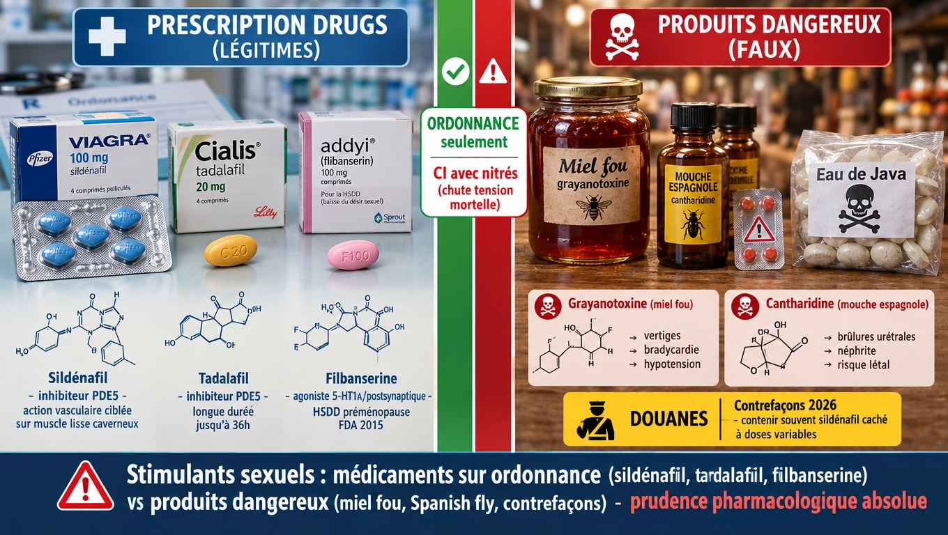 Sildénafil, tadalafil et flibansérine traitent des troubles diagnostiqués ; le « miel fou », la « mouche espagnole » et les contrefaçons exposent à des risques parfois mortels — toujours pharmacie, jamais internet.