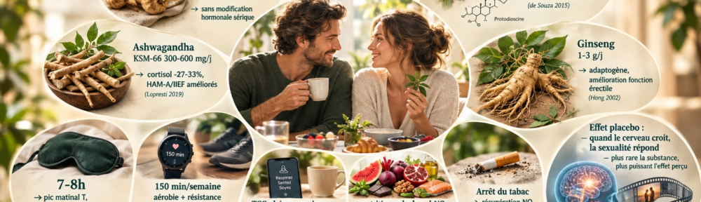 Infographie composite et flat‑lay sur fond crème‑émeraude. Au centre, couple serein attablé à un petit‑déjeuner calme, en communication ouverte avec café et bouture de plante, évoquant l'alliance psychisme–relation du désir. En couronne, cinq médaillons botaniques : (1) Poudre de Maca jaune dans une coupelle — « Maca 1,5‑3 g/j → +20‑30 % spermatozoïdes mobiles (Gonzales 2002), bouffées de chaleur ‑50‑70 % (Meissner 2006), sans modification hormonale sérique ». (2) Graines de fenugrec dans petit mortier — « Fenugrec 600 mg/j extrait 20 % saponines → Testostérone libre +12‑25 %, DHT ‑9‑15 % (Steels 2011) ». (3) Feuille de Tribulus + barème — « Tribulus → mythe testostérone humaine réfuté (Neychev/Rogerson), MAIS sensibilisation AR + NO périphérique → +25‑35 % libido féminine (de Souza 2015) ». (4) Racine de Ginseng — « Ginseng 1‑3 g/j → adaptogène, amélioration fonction érectile (Hong 2002) ». (5) Racine d'Ashwagandha auprès d'une illustration cortisol — « Ashwagandha KSM‑66 300‑600 mg/j → cortisol ‑27‑33 %, HAM‑A/IIEF améliorés (Lopresti 2019) ». Cinq pictogrammes de mode de vie : masque de sommeil « 7‑8 h → pic matinal de T, Kalmbach 2015 +14 % FSFI par nuit allongée » ; montre connectée « 150 min/semaine aérobie + 2 séances résistance → T libre +3‑7 % (Vaamonde 2017) » ; appli pleine conscience + dégusté « TCC pleine conscience 4 séances → désir, excitation, satisfaction ↑ (Brotto 2014) » ; ceinture 'nutrition NO' « pastèque L‑citrulline 100‑300 mg/100 g, betterave 250‑500 mg nitrate, grenade, chocolat noir > 70 %, oméga‑3 2‑3 g/j → soutien de l'oxyde nitrique et de l'excitation » ; mégot écrasé « Arrêt du tabac → récupération NO 6‑12 mois → ‑30 % dysfonction érectile (Cohorte 2024) ». Mothon bas droit, boucle placebo : « Effet placebo : quand le cerveau croit, la sexualité répond – la rareté d'une substance amplifie l'effet perçu ».
