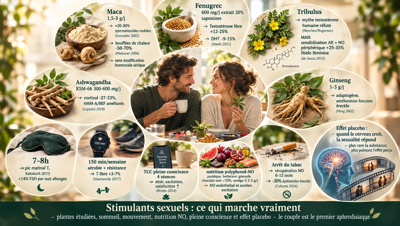 Quatre plantes d'effet modeste, un mode de vie protecteur (sommeil, mouvement, alimentation NO, arrêt du tabac), une TCC de pleine conscience et l'effet placebo : l'arithmétique du désir ne se joue pas dans un flacon mais dans la durée.