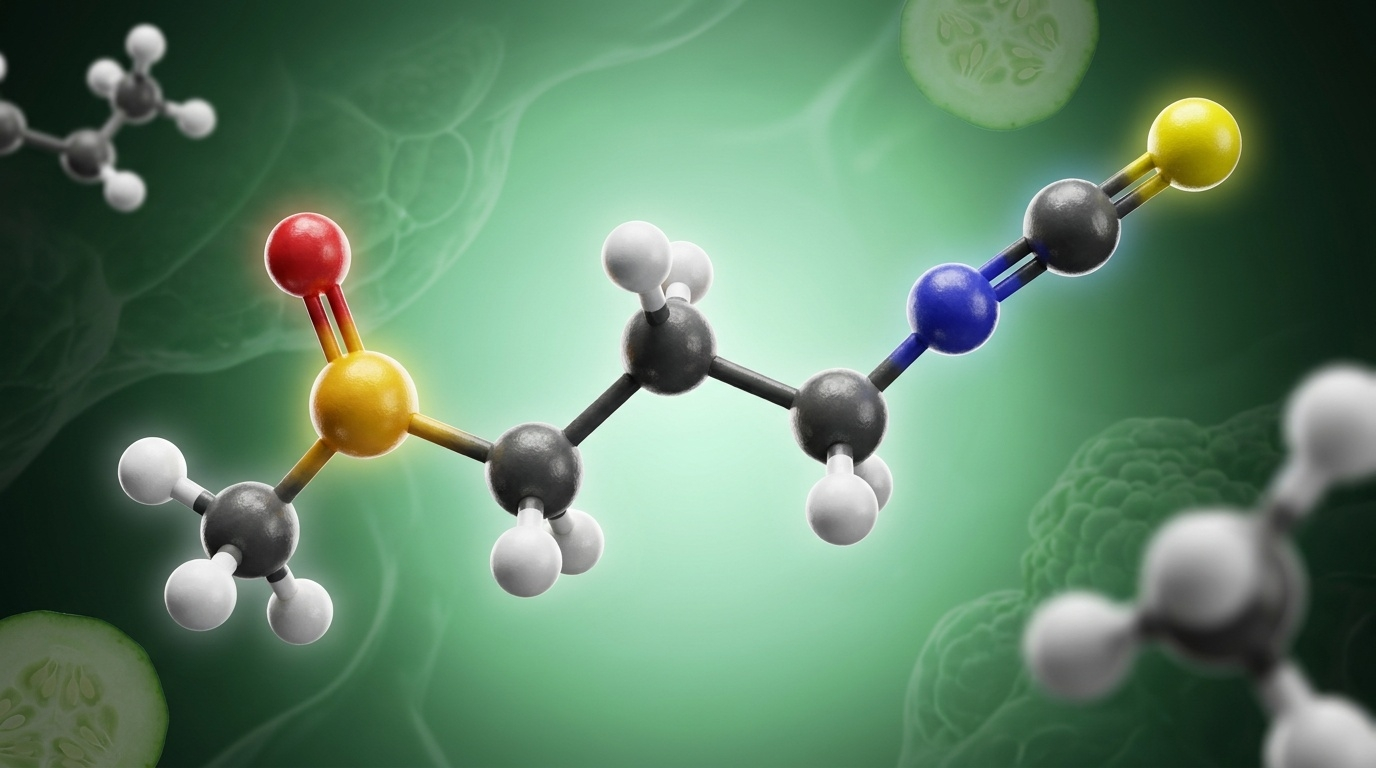 Représentation moléculaire détaillée du sulforaphane (C₆H₁₁NOS₂), le principal isothiocyanate des légumes crucifères, dont la fonction isothiocyanate réactive est responsable de l'activation de la voie cytoprotectrice Nrf2.
