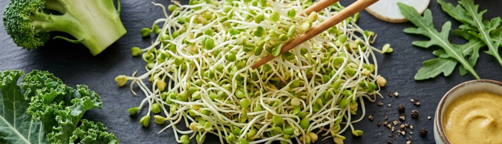 Photographie alimentaire éditoriale hyper-réaliste d'un flat-lay de sources naturelles de sulforaphane : germes de brocoli au centre,Brocoli mature, kale, romanesco, roquette, radis daikon, accompagnés de moutarde de Dijon et wasabi pour leur apport en myrosinase exogène.