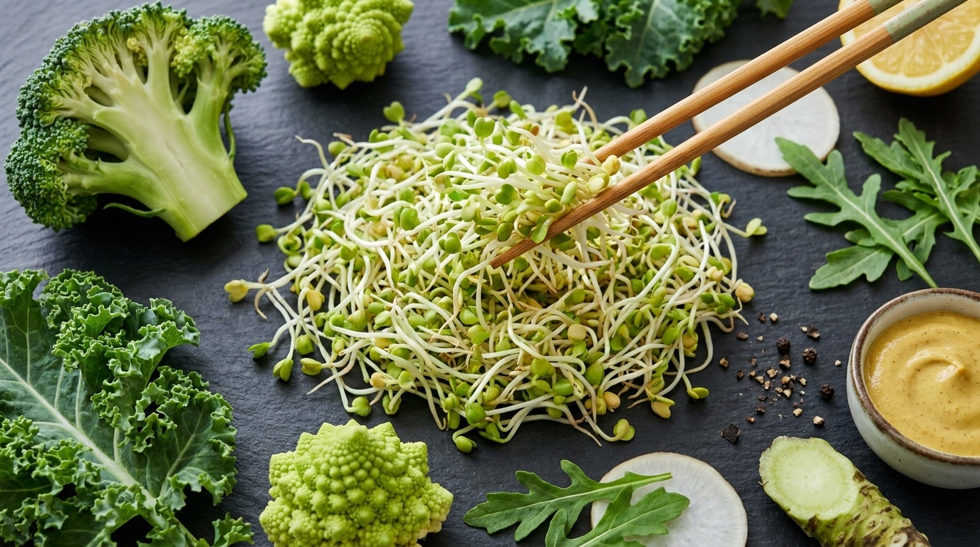Composition culinaire top-down des meilleures sources alimentaires de sulforaphane et de son précurseur glucoraphanine, centrées sur les germes de brocoli (champion incontesté à 20–50× plus concentré que le brocoli mature), avec condiments riches en myrosinase pour optimiser la conversion enzymatique.
