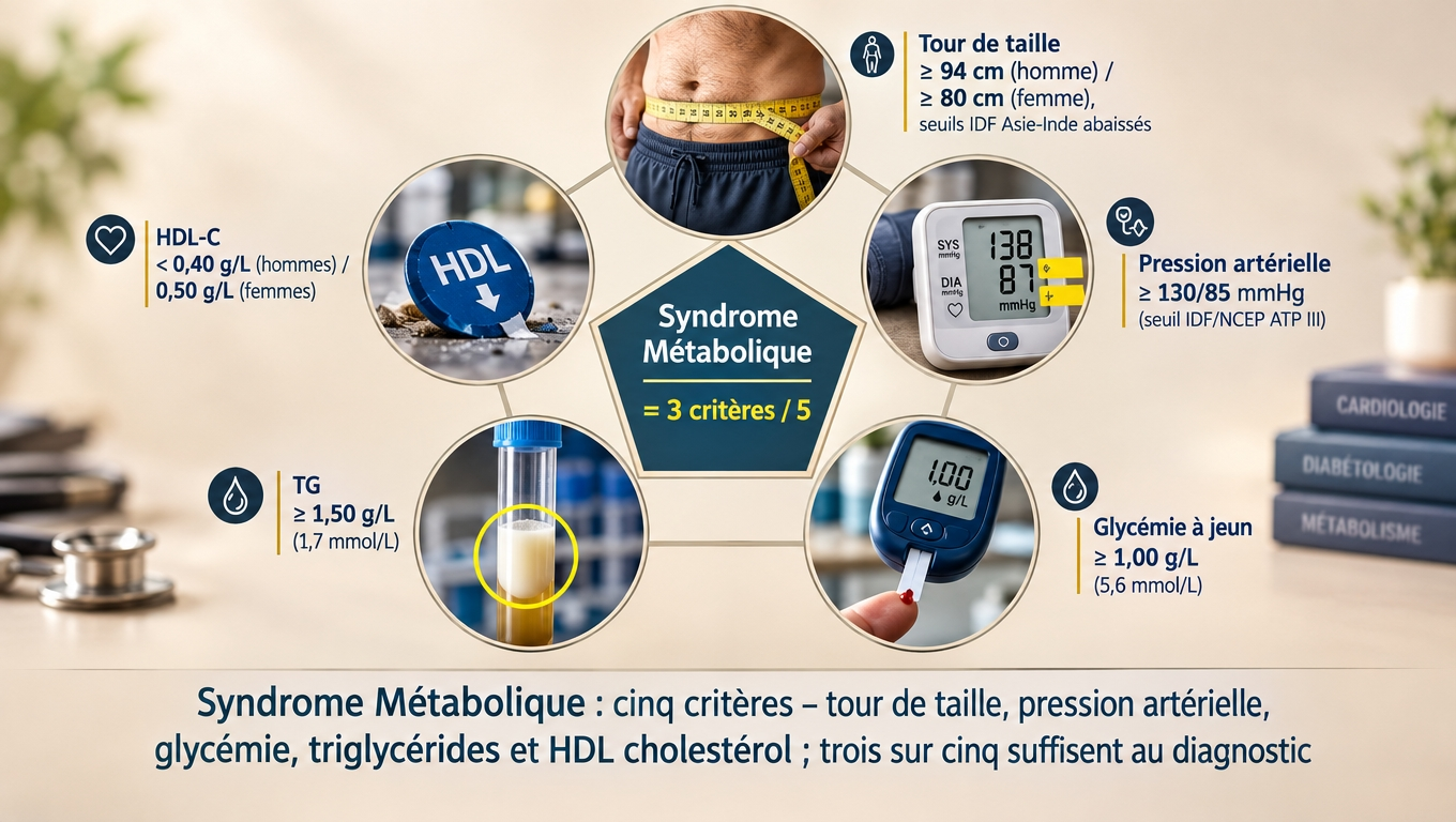 Cinq critères opérationnels (tour de taille, TA, glycémie à jeun, triglycérides, HDL‑C) ; trois sur cinq suffisent au diagnostic selon NCEP ATP III et IDF.