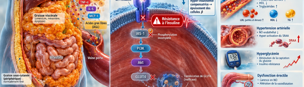 Infographie triptyque sur fond clinique bleu‑crème. À gauche, coupe abdominale translucide présentant une couche orange de graisse viscérale entourant foie, tablier omentum et intestins, contrastée avec la fine couche de graisse sous‑cutanée périphérique. Les adipocytes libèrent TNF‑α, IL‑6, MCP‑1 et acides gras libres dans la veine porte. Au centre, récepteur à l'insuline agrandi sur cellule musculaire : la clé insulinique tente de s'insérer mais ne phosphoryle que partiellement IRS‑1 → PI3K → Akt → translocation GLUT4 ; un signal d'alerte rouge « Résistance à l'insuline » pulse ; icône de pancréas qui hyper‑sécrétant pour compenser « hyper‑insulinémie compensatrice → épuisement des cellules β ». À droite, cascade verticale des conséquences : foie gras (NAFLD), dyslipidémie athérogène (small dense LDL ↑, HDL ↓, TG ↑), hypertension (NO endothélial ↓, RAAS suractivé), glycémie en hausse, dysfonction érectile illustrée par un petit pilier ↓ NO, et stress oxydatif symbolisé par une bague de rouille.