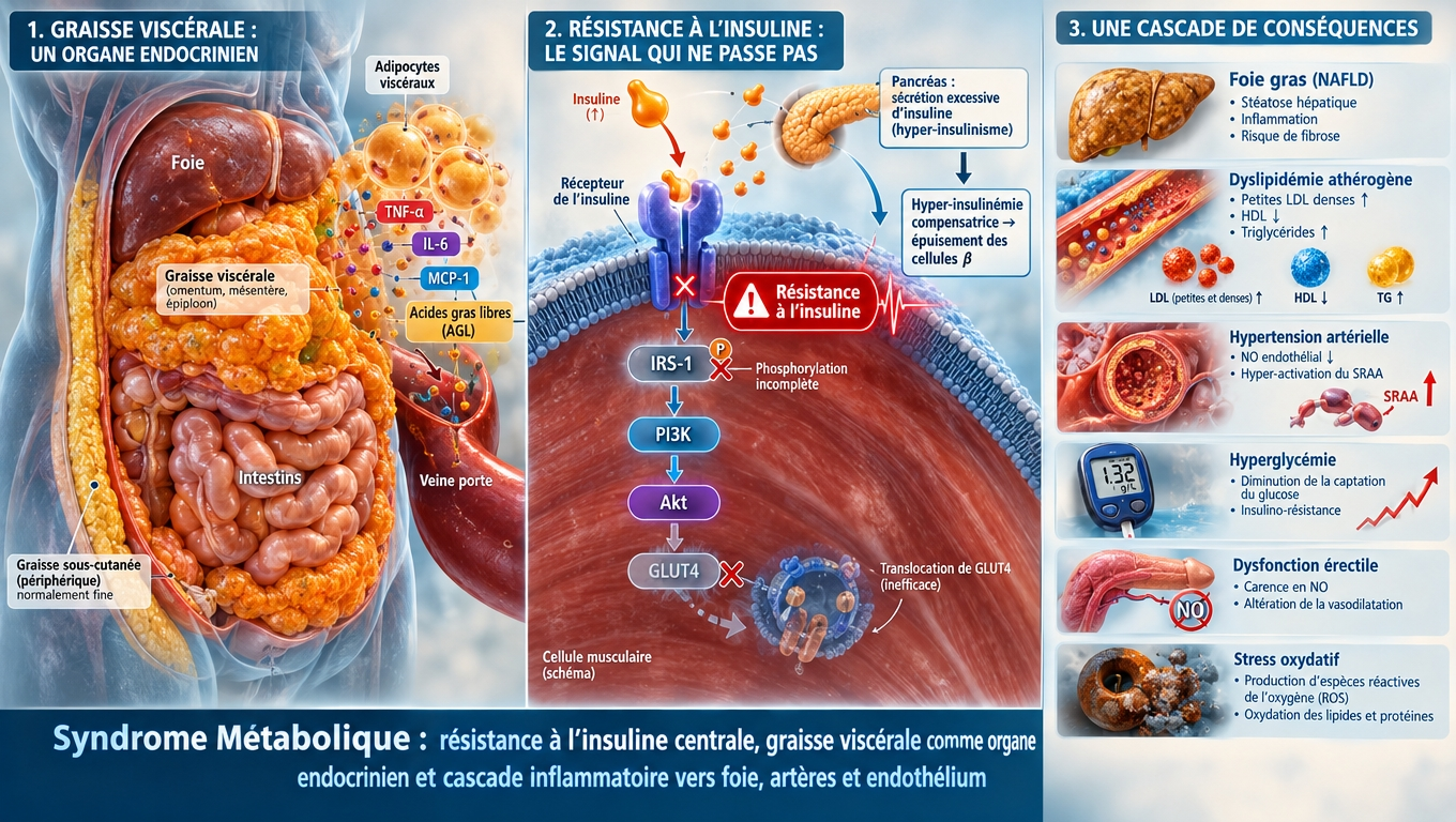 Insulinorésistance centrale déclenchée par la graisse viscérale inflammatoire ; cascade d'effets : foie gras, dyslipidémie athérogène, hypertension, fonction endothéliale altérée, stress oxydatif élevé.