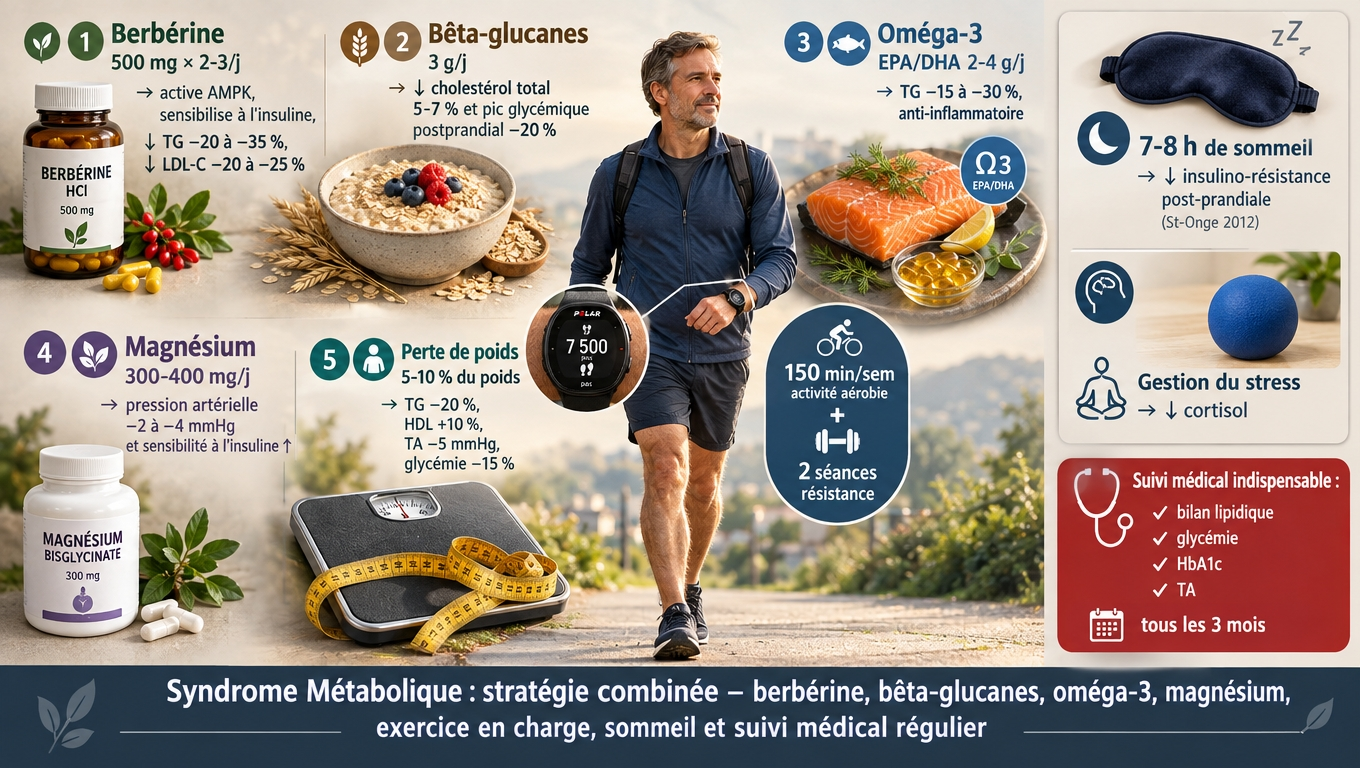 Cinq leviers : berbérine (AMPK), bêta‑glucanes (LDL), oméga‑3 (TG), magnésium, exercice en charge 150 min/sem ; un suivi médical trimestriel est indispensable.