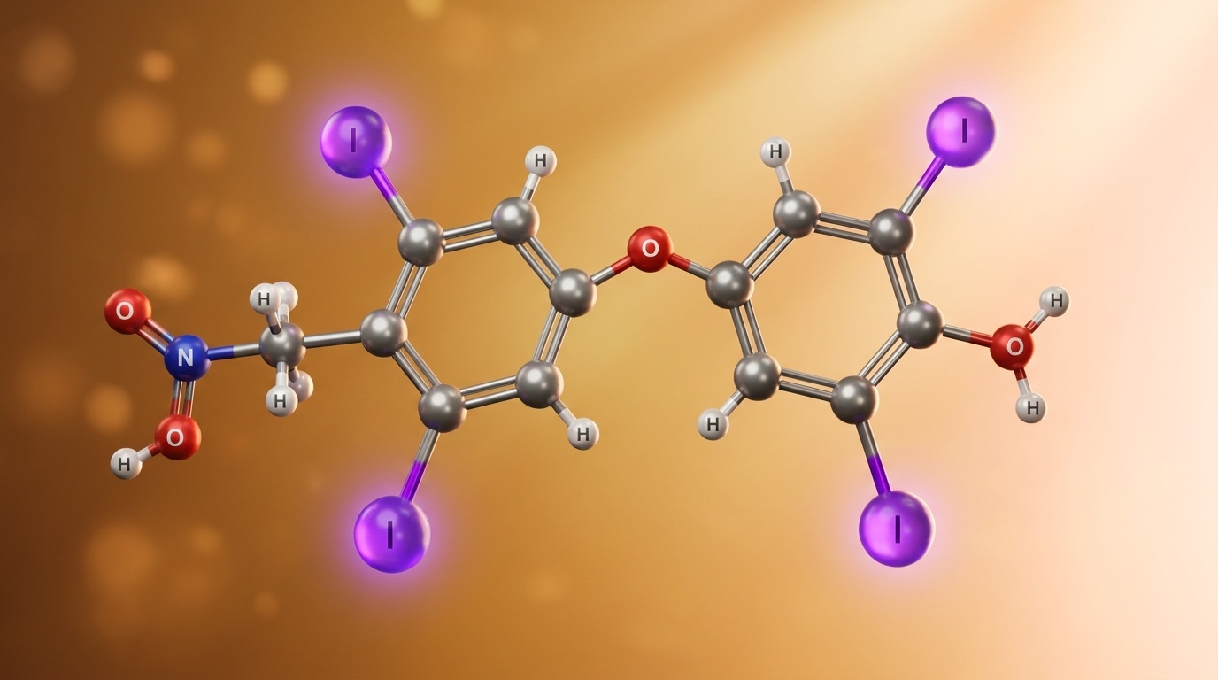 Représentation scientifique détaillée de l'hormone thyroïdienne T4 (thyroxine ou lévothyroxine), lévothyroxine dont la signature structurale — quatre atomes d'iode violet vif — définit son nom et sa dépendance absolue à un apport alimentaire adéquat en iode.