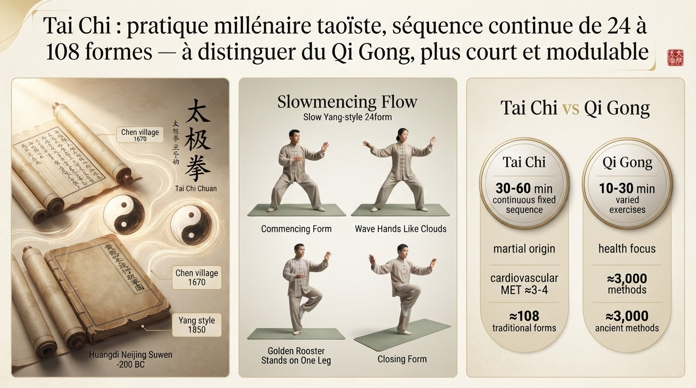 Tai Chi né du Taoïsme et du village de Chen ; séquence fixe de 24 à 108 formes, dépense ≈ 3‑4 MET, source d'équilibre et de relaxation profonde.