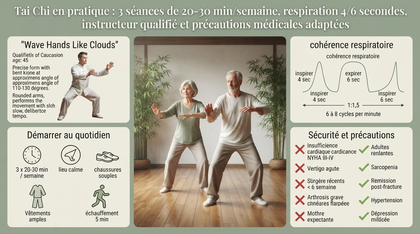 3 séances/semaine de 20‑30 min, respiration 4/6 sec, instructeur diplômé et précautions santé : utile aux seniors, à éviter en cas d'insuffisance cardiaque sévère ou de chirurgie récente.