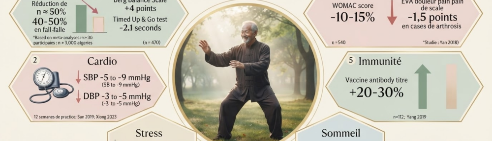 Infographie nid d'abeille à fond crème-ivoire rosé. Au centre, un pratiquant senior (70 ans) exécutant la forme « Wave Hands Like Clouds » en extérieur, brume matinale, posture neutre, léger sourire. Autour, six hexagones pastel bordés d'or fin : 1) Équilibre — chute ↓ 40‑50 % (méta-analyses, n ≈ 3 000 seniors), Berg Balance Scale +4 points, Timed Up & Go −2,1 s ; 2) Cardio — SBP −5 à ‑9 mmHg, DBP −3 à ‑5 mmHg après 12 semaines ; 3) Stress & anxiété — cortisol −20 à ‑30 %, HAM‑A −3 points, tonus vagal HRV +12‑18 % ; 4) Sommeil — PSQI −1,5 à ‑2 points, éveils nocturnes réduits (n=240) ; 5) Immunité — titre d'anticorps vaccinal +20‑30 % chez seniors (n=112, Yang 2019) ; 6) Articulations — WOMAC −10‑15 %, EVA −1,5 points pour gonarthrose (n=540, Yan 2018).