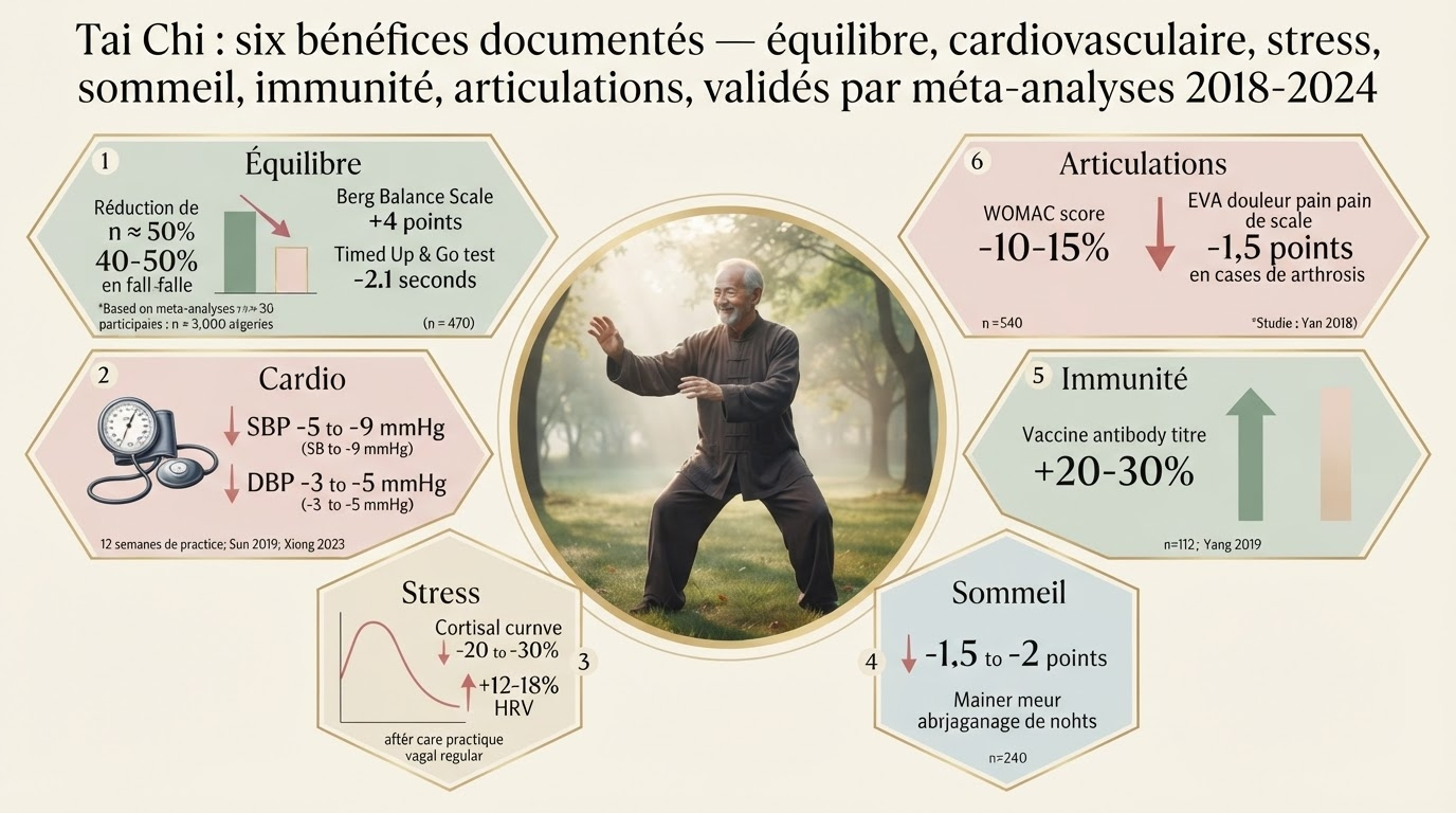 Six bénéfices validés : ‑40‑50 % de chutes, ‑5 à ‑9 mmHg de pression, ‑20‑30 % de cortisol, sommeil +15‑35 min, immunité vaccinale, articulations soulagées.
