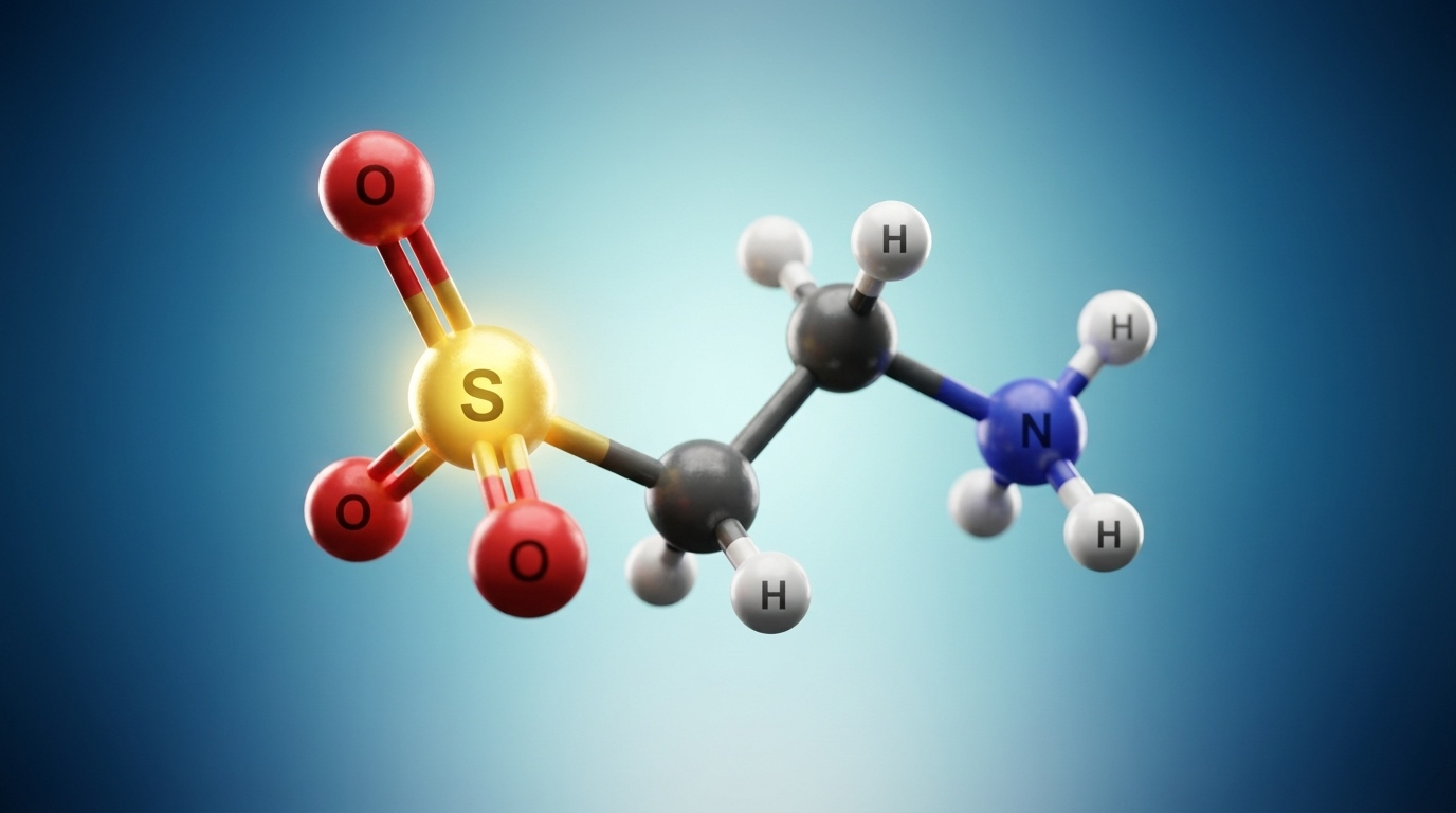 Représentation scientifique détaillée de la taurine, acide aminé soufré non protéinogène unique par son groupe sulfonate (et non carboxylique), abondant dans le cœur, le cerveau, les muscles et la rétine.