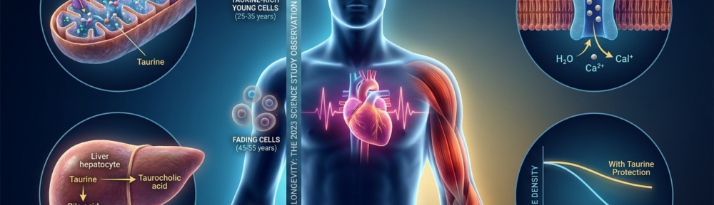 Visualisation médicale hyper-réaliste illustrant la répartition tissulaire de la taurine dans le corps humain, ses fonctions mitochondriales, cardiovasculaires et musculaires, et son déclin lié à l'âge selon l'étude Science 2023