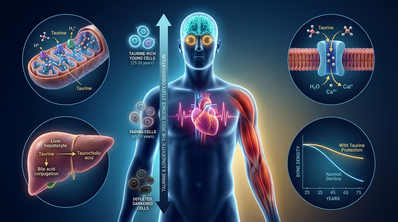Composition médicale éditoriale du rôle systémique de la taurine : concentration tissulaire (cœur, cerveau, muscles, rétine), stabilisation mitochondriale, régulation calcique cardiaque, conjugaison biliaire hépatique et déclin lié à l'âge documenté par la Science 2023