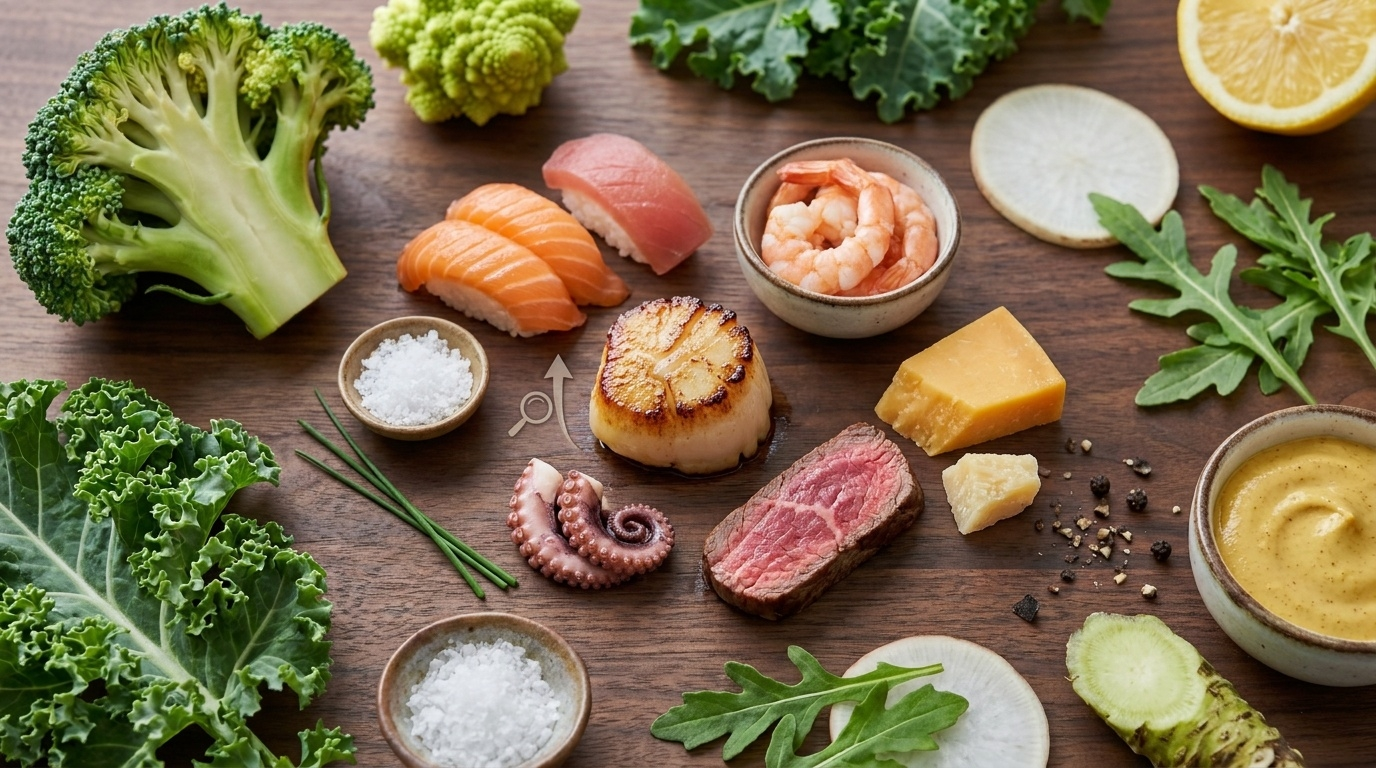Composition culinaire top-down des meilleures sources alimentaires de taurine, centrée sur les fruits de mer et crustacés (coquillages, crustacés, céphalopodes), complétés par les poissons gras, la viande rouge maigre et certains fromages affinés.