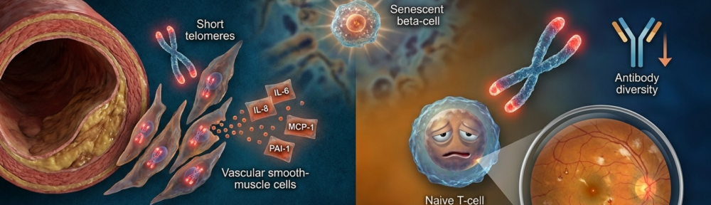 Hémisphère gauche : coupe d'une artère avec plaque d'athérosclérose active, proximité de cellules vasculaires musculaires lisses sénescentes aux télomères courts (capsules rouges raccourcies) sécrétant un cocktail SASP inflammatoire (IL‑6, IL‑8, MCP‑1, PAI‑1 — petits paquets orange‑rouge). Tracé ECG en amont avec altérations ST, silhouette cardiaque traduisant le vieillissement cardiovasculaire accéléré. Au centre haut : cellule B pancréatique sénescente contribuant au diabète de type 2 (lien avec l'article connexe). Hémisphère droit : bassin de cellules immunitaires vieillissantes — épuisement de lymphocytes T naïfs avec télomères rouges très courts, diversité du répertoire anticorps restreinte ; en arrière‑plan, fond ophtalmoscopique glaucomateux avec micro‑anévrismes et exsudats cotonneux (rétinopathie diabétique). Palette éditoriale ambre‑cobalt, rendu photoréaliste 16:9.