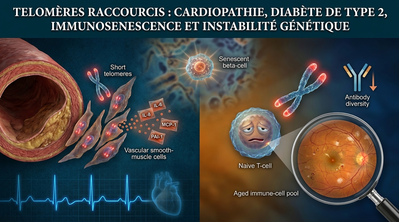 Vue d'ensemble des cinq conséquences cliniques des télomères courts : cardiovasculaire, métabolique, immunitaire, sénescence inflammatoire et instabilité génétique.