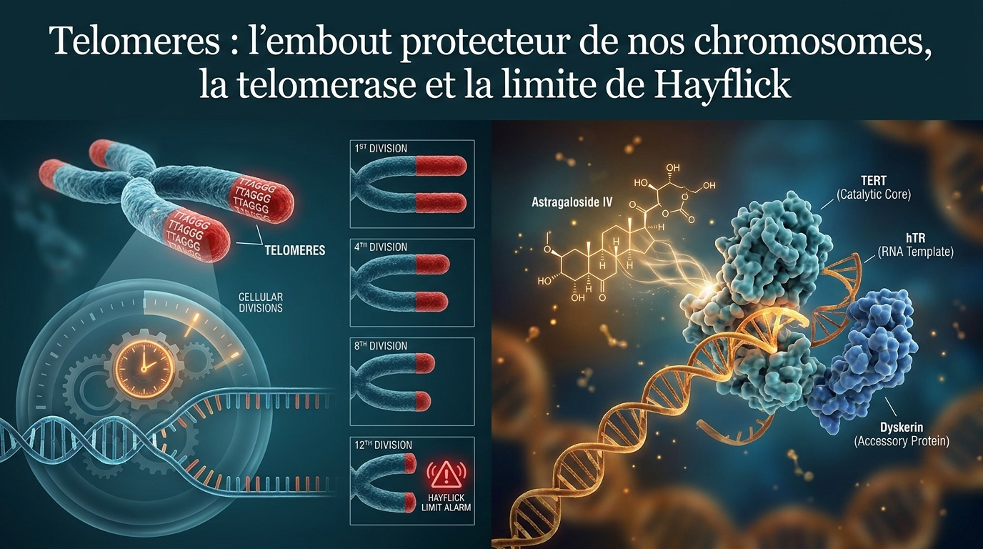 Vue 3D des télomères, du mécanisme de raccourcissement à la régénération par la télomérase.