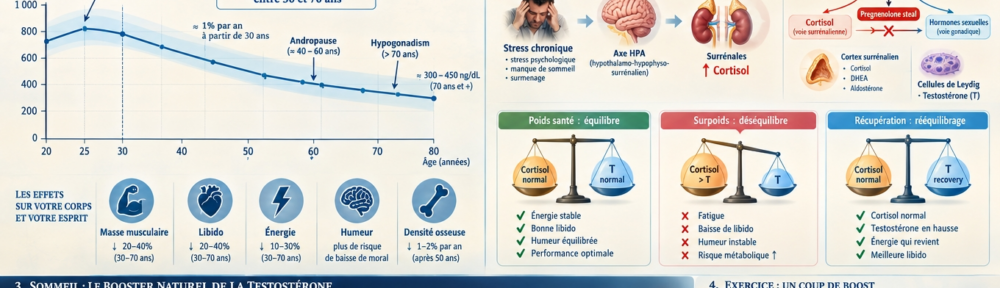 infographie hormonale-mode de vie éditoriale sur fond crème-chaud et bleu-pâle ; deux grandes moitiés complémentaires — 1) moitié gauche : courbe chronologique montrant l'évolution du taux de testostérone masculine de 20 à 80 ans, déclin progressif d'environ 1%/an à partir de 30 ans (figures indicatives — pic 600-900 ng/dL à 25-30 ans, déclin à ≈ 300-450 ng/dL à 70+), annotation « déclin de 25-30 % entre 30 et 70 ans », « andropause », « hypogonadisme », icônes satellites : masse musculaire, libido, énergie, humeur, densité osseuse ; 2) moitié droite : balance antagoniste cortisol-testostérone, stress chronique → axe HPA → cortisol élevé, le cortisol détourne la prégnénolone de la voie des hormones sexuelles (« vol de prégnénolone »), balance saine T/cortisol normale vs balance déséquilibrée cortisol > T (fatigue, libido en berne) vs récupération (cortisol normal, T en hausse), icônes — corticosurrénale (cortisol, DHEA, aldostérone), cellules de Leydig (T) ; bandeau bas graphique du sommeil nocturne avec phases de sommeil lent profond et REM, pic de T pendant le sommeil profond — « une semaine de privation de sommeil peut réduire T de 10-15 % » (Leproult & Van Cauter 2011), coin bas-droite silhouette d'haltérophile avec pointe aiguë post-effort résistance (+15-30 %) suivie d'un retour à la ligne de base.