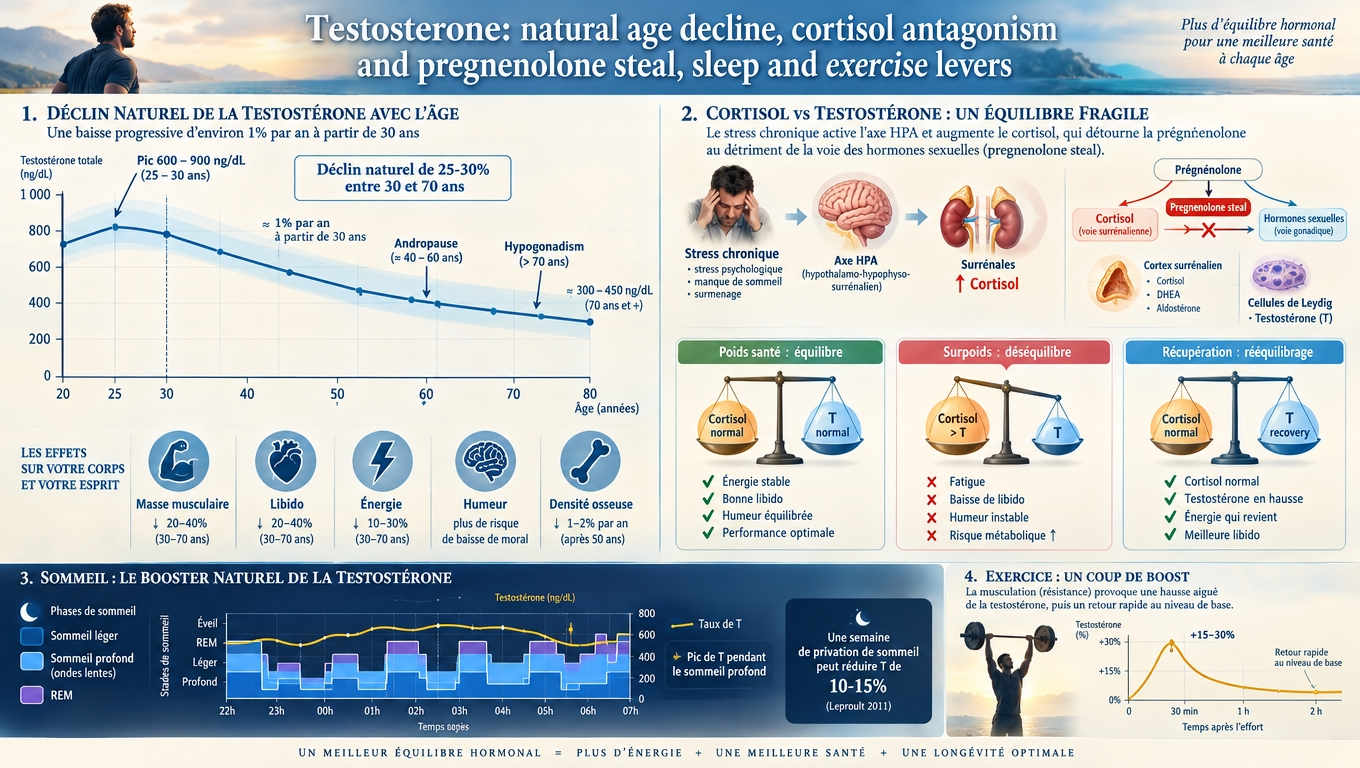 courbe 20-80 ans, balance cortisol/T, pic nocturne de testostérone et leviers sommeil/exercice — l'axe gonadotrope répond simultanément à l'âge, au stress et au sommeil.