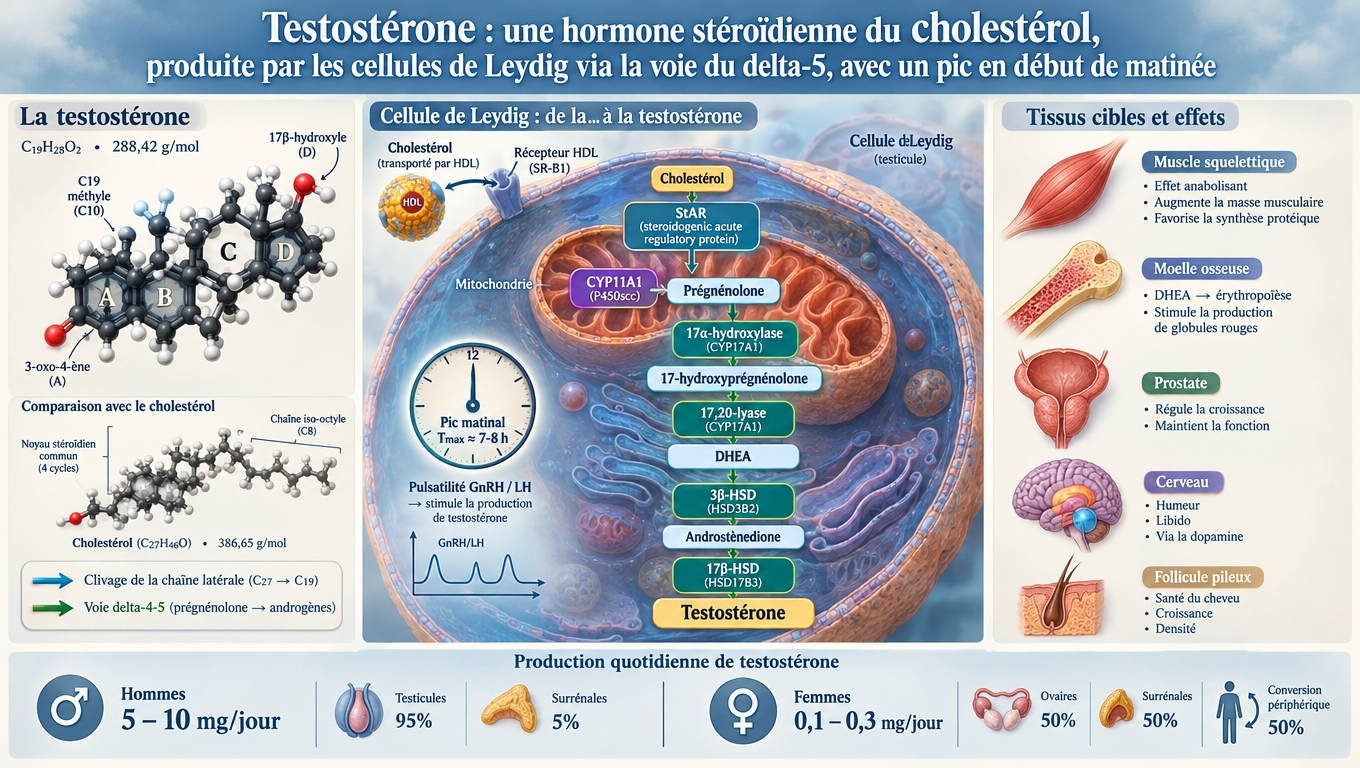 stéroïde C₁₉H₂₈O₂, voie Δ-5 dans les cellules de Leydig, pic matinal — la testostérone se construit à partir du cholestérol sous le contrôle de GnRH/LH.