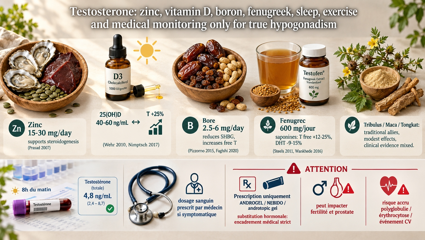 zinc, vitamine D, bore, fenugrec, Tribulus, Maca, Tongkat, sommeil, exercice — approche nutritionnelle globale avec monitoring médical strict.