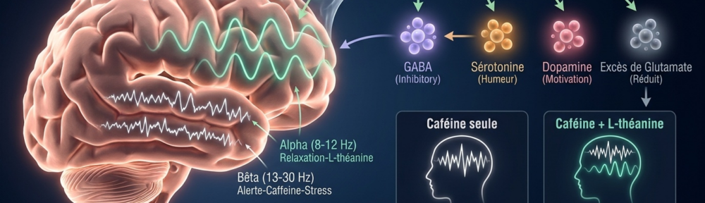 Illustration médicale hyper-réaliste du mécanisme d'action cérébral de la L-théanine : production d'ondes alpha de relaxation vigilante, augmentation du GABA, modulation de la sérotonine et de la dopamine, atténuation du glutamate excessif, en synergie calmante avec la caféine.
