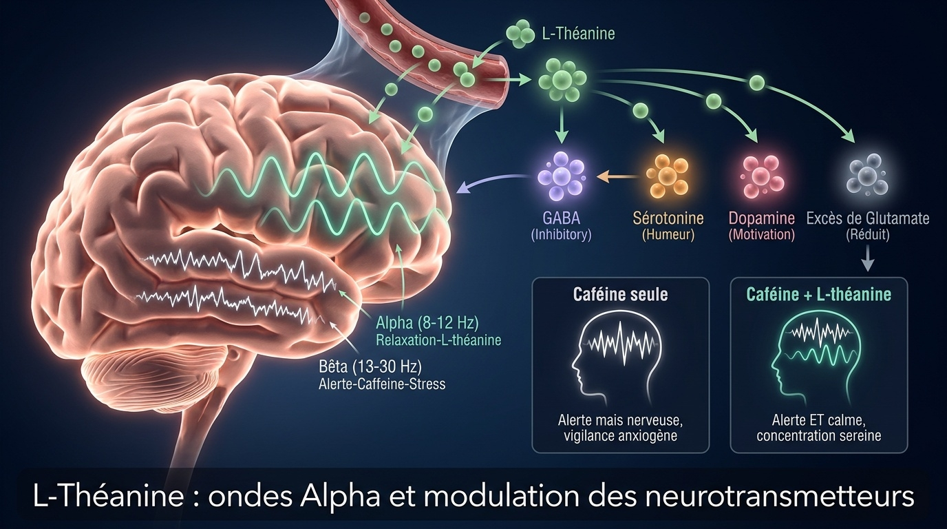Visualisation médicale du mécanisme d'action central de la L-théanine : induction d'ondes EEG alpha (relaxation vigilante, état proche de la méditation), augmentation du GABA inhibiteur, modulation de la sérotonine/dopamine et atténuation du glutamate — expliquant sa synergie remarquable avec la caféine du thé vert.