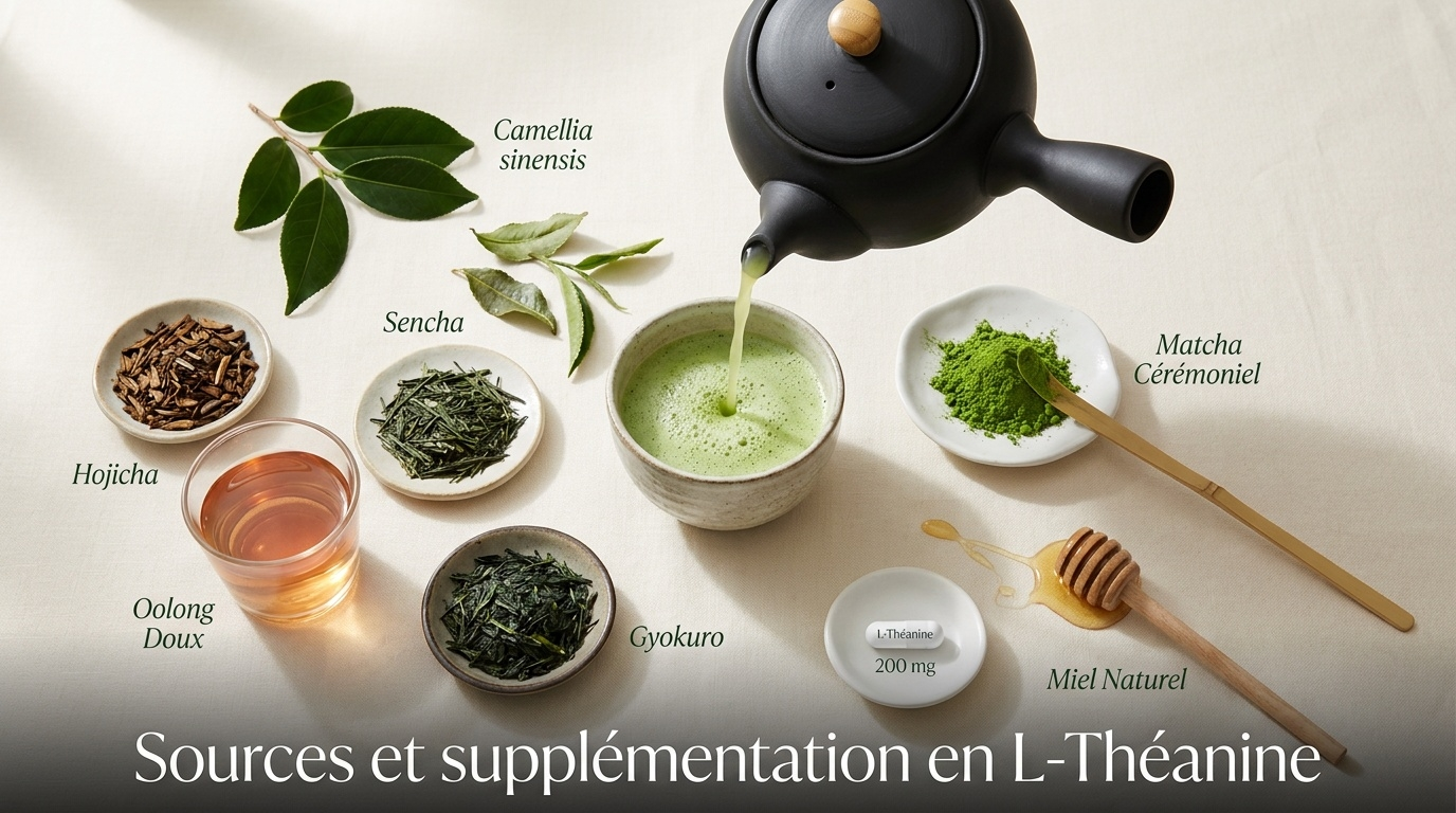 Photographie culinaire éditoriale des meilleures sources alimentaires et complémentées de L-théanine, centrées sur le thé vert et ses grandes variétés (matcha, sencha, gyokuro, hojicha, oolong), avec représentation des gélules de L-théanine isolée 200 mg pour les personnes sensibles à la caféine.